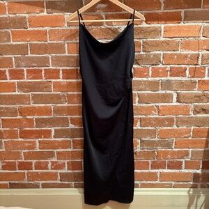 Lulus "Hollywood Woman" Black Satin Midi Cocktail Dress - Size Medium